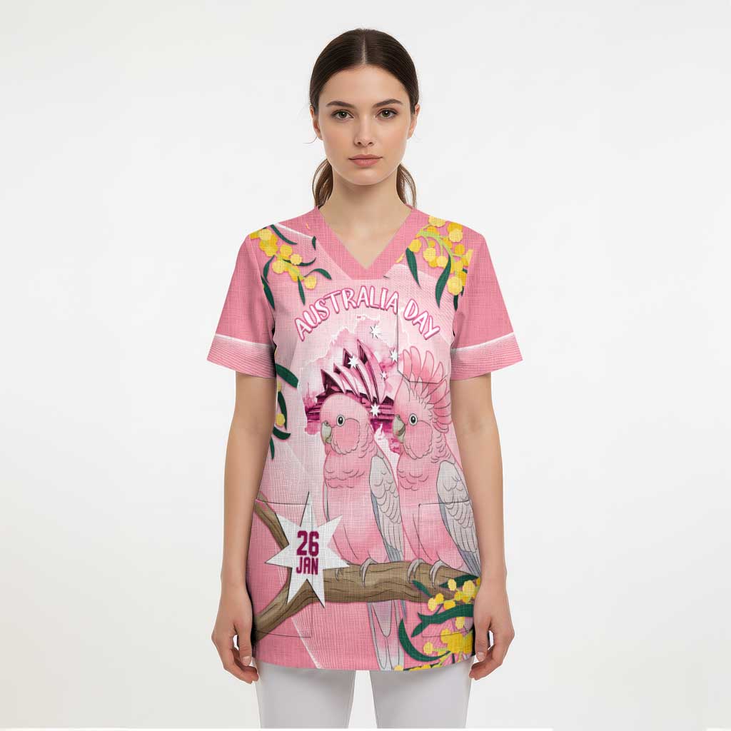 Personalised Galah Australia Day Scrub Top 26th January Golden Wattle Pink Color - Aussie Hoodie