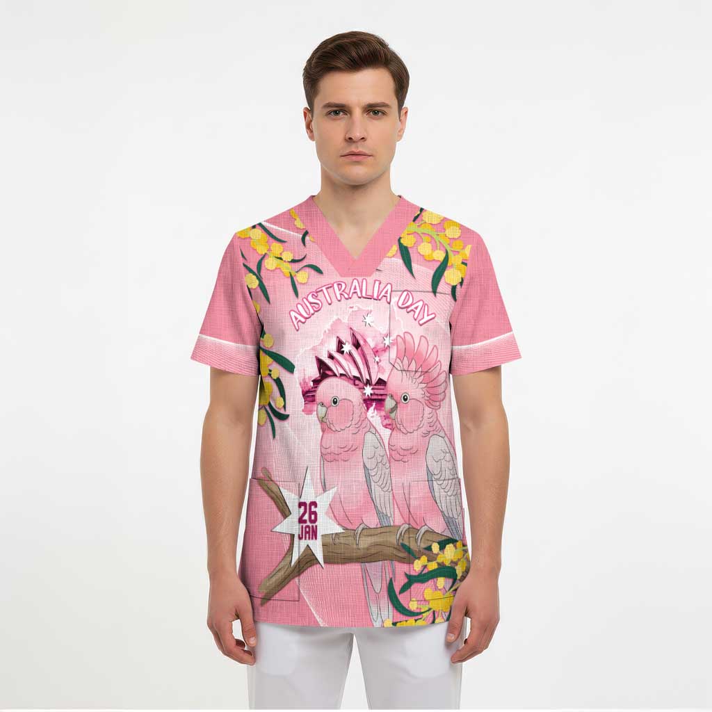 Personalised Galah Australia Day Scrub Top 26th January Golden Wattle Pink Color - Aussie Hoodie