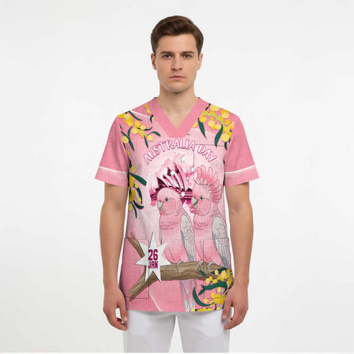 Personalised Galah Australia Day Scrub Top 26th January Golden Wattle Pink Color - Aussie Hoodie