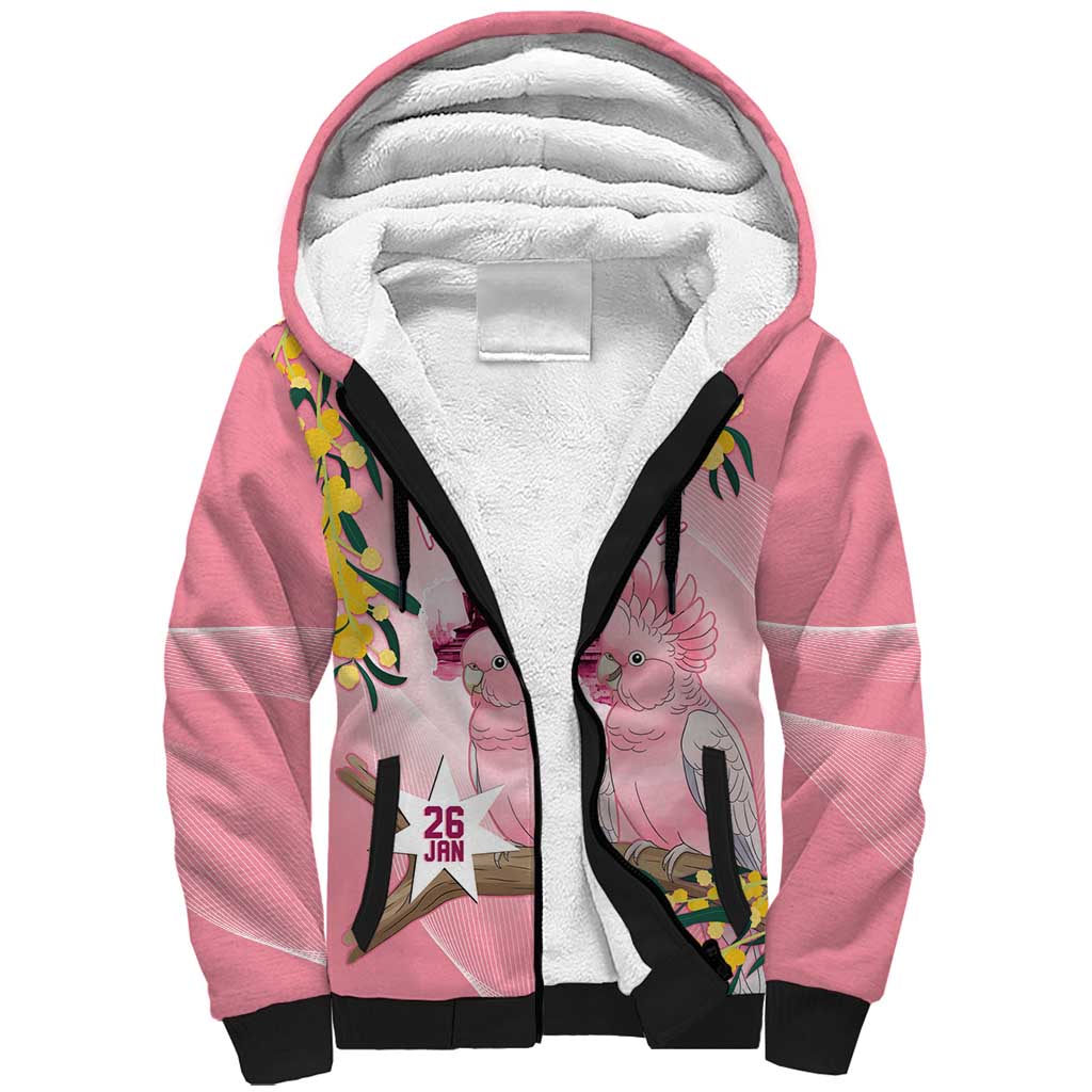 Personalised Galah Australia Day Sherpa Hoodie 26th January Golden Wattle Pink Color - Aussie Hoodie