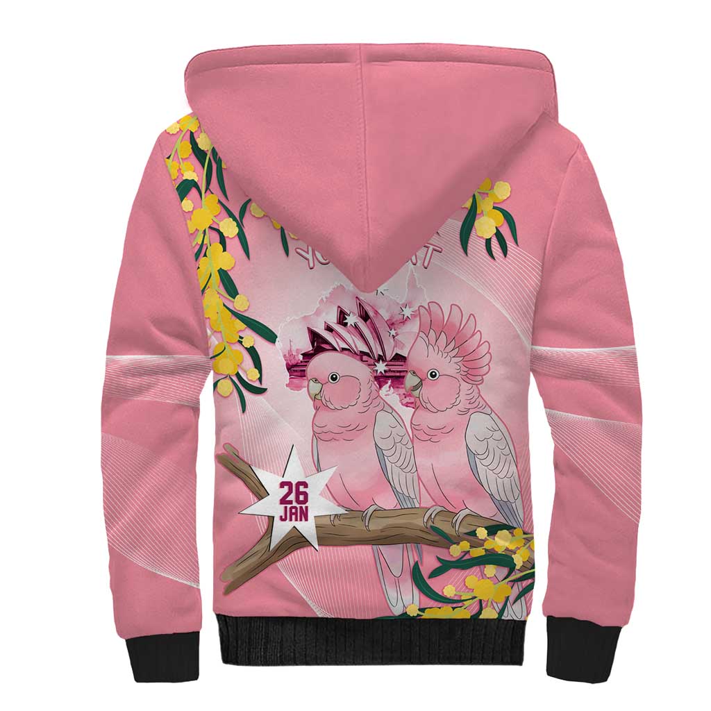 Personalised Galah Australia Day Sherpa Hoodie 26th January Golden Wattle Pink Color - Aussie Hoodie