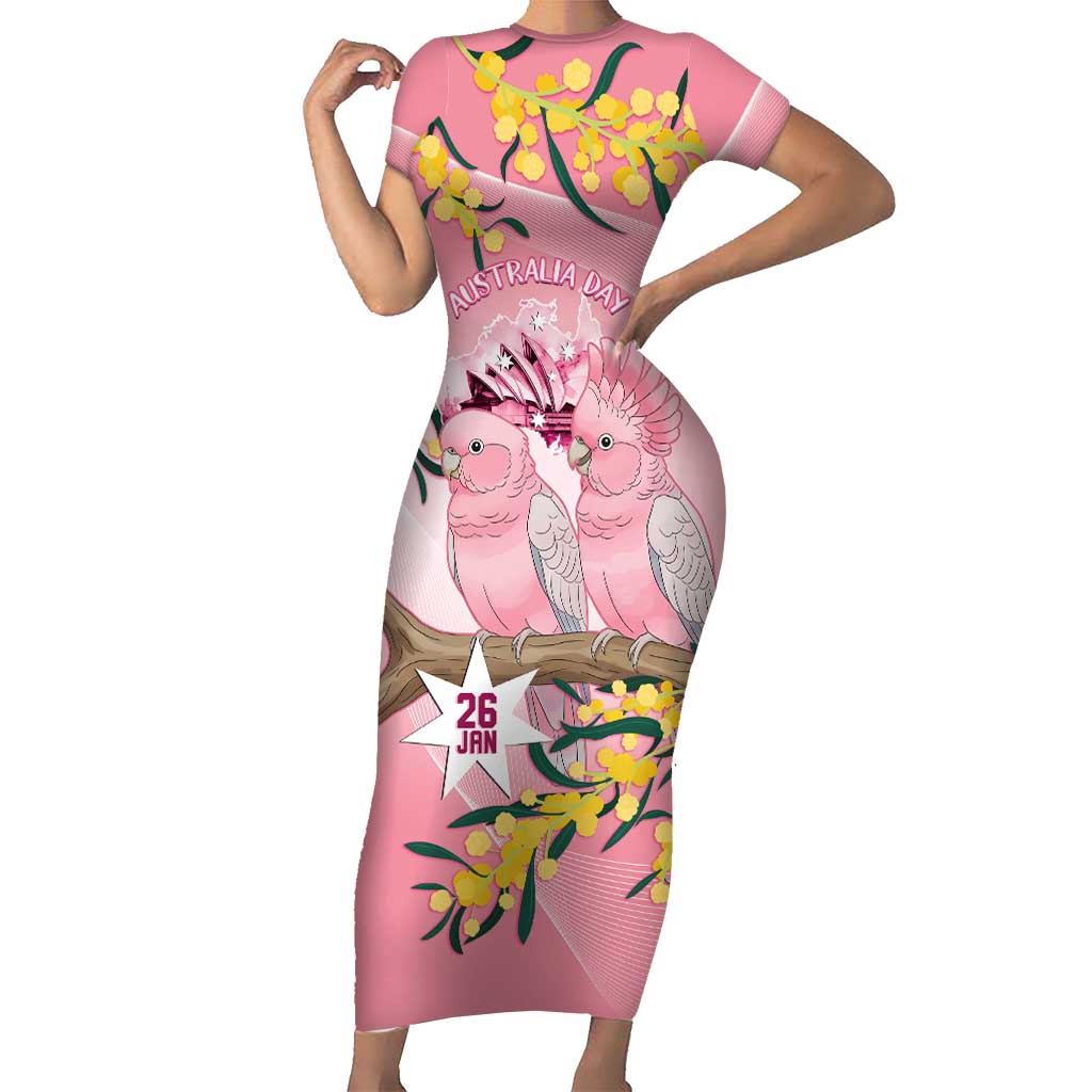 Personalised Galah Australia Day Short Sleeve Bodycon Dress 26th January Golden Wattle Pink Color - Aussie Hoodie