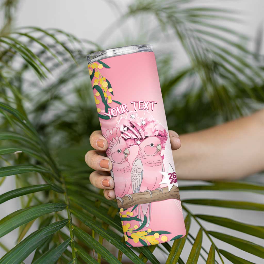 Personalised Galah Australia Day Skinny Tumbler 26th January Golden Wattle Pink Color - Aussie Hoodie
