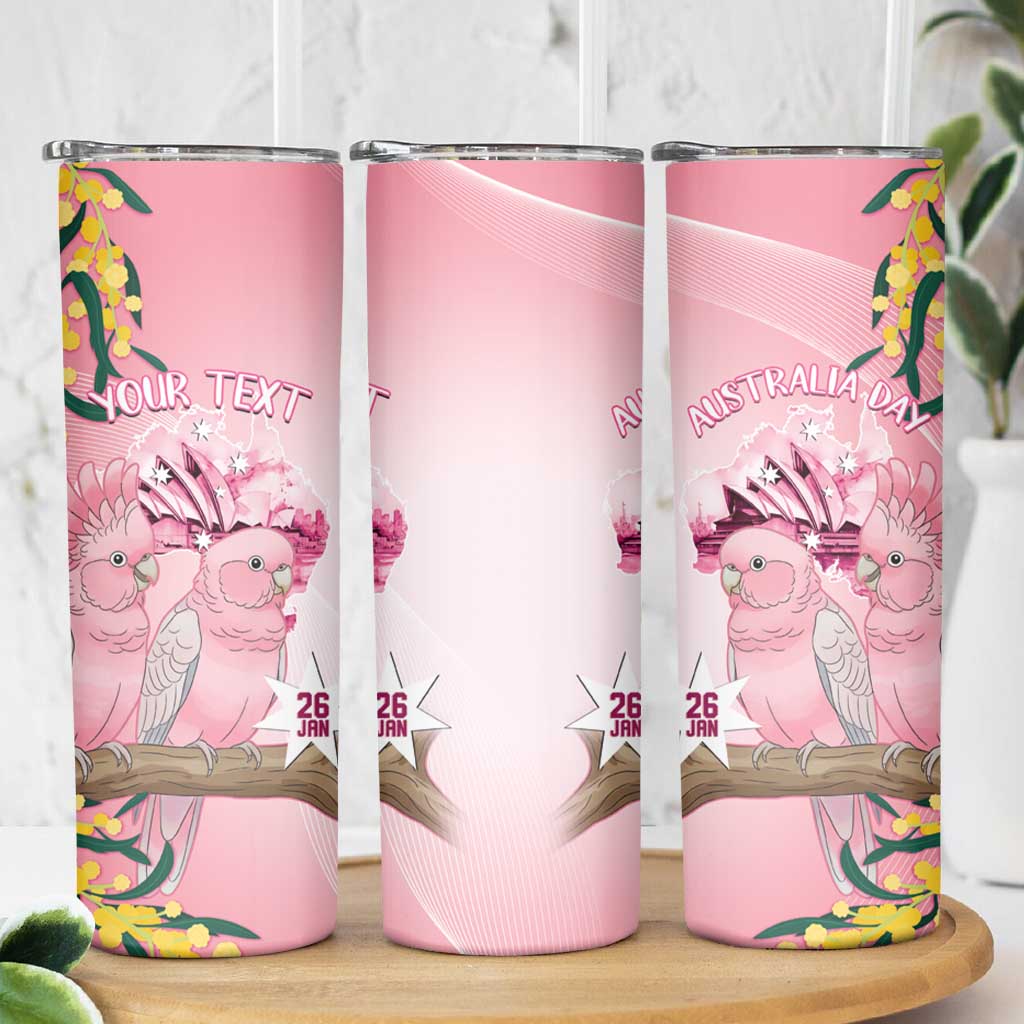 Personalised Galah Australia Day Skinny Tumbler 26th January Golden Wattle Pink Color - Aussie Hoodie