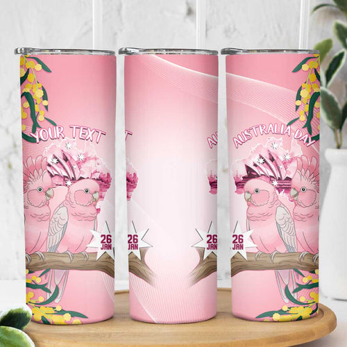 Personalised Galah Australia Day Skinny Tumbler 26th January Golden Wattle Pink Color - Aussie Hoodie