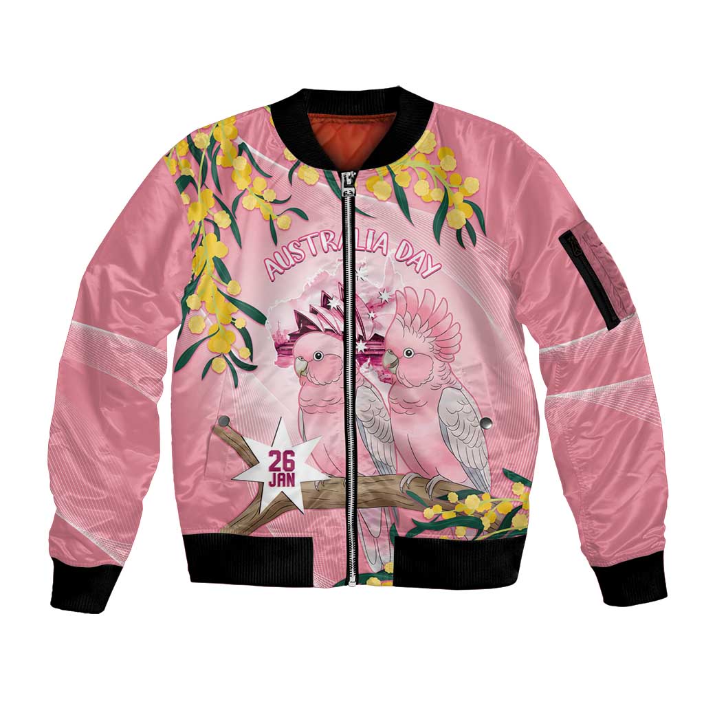 Personalised Galah Australia Day Sleeve Zip Bomber Jacket 26th January Golden Wattle Pink Color - Aussie Hoodie