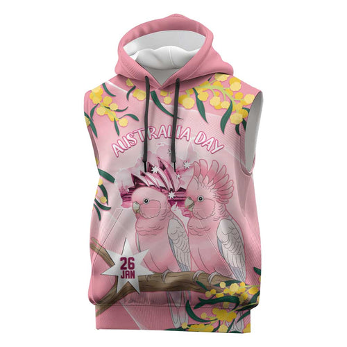 Personalised Galah Australia Day Sleeveless Hoodie 26th January Golden Wattle Pink Color - Aussie Hoodie