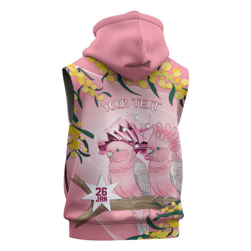 Personalised Galah Australia Day Sleeveless Hoodie 26th January Golden Wattle Pink Color - Aussie Hoodie