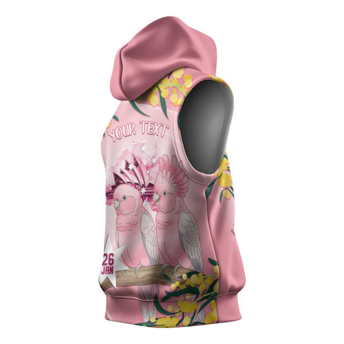 Personalised Galah Australia Day Sleeveless Hoodie 26th January Golden Wattle Pink Color - Aussie Hoodie