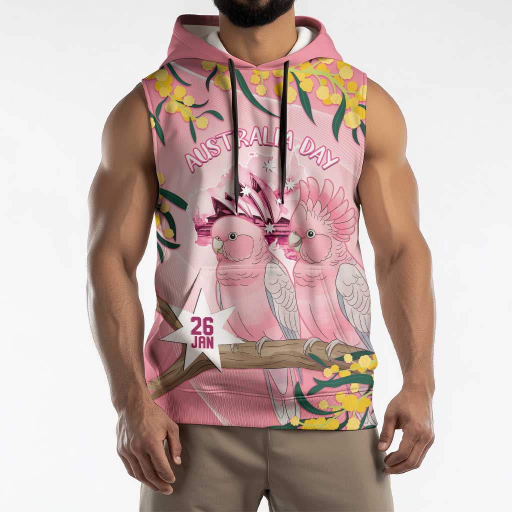 Personalised Galah Australia Day Sleeveless Hoodie 26th January Golden Wattle Pink Color - Aussie Hoodie