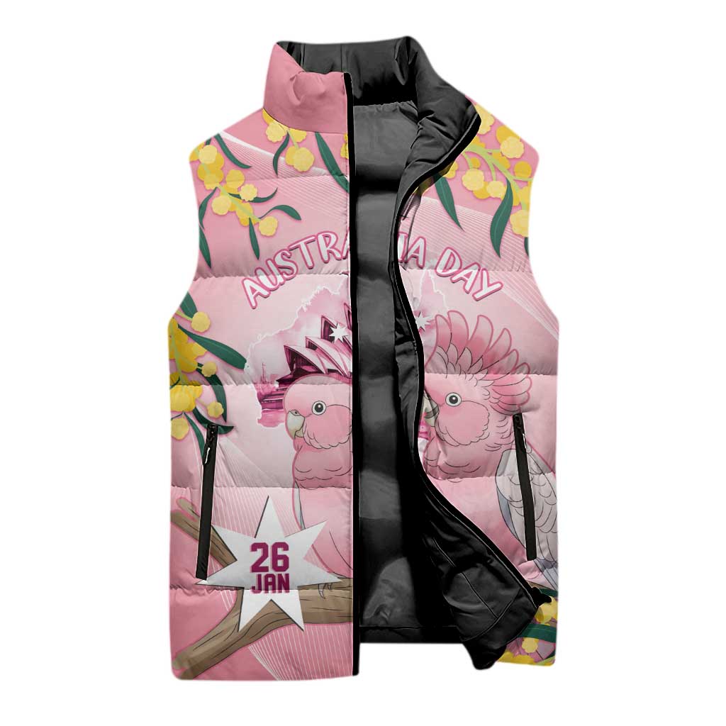 Personalised Galah Australia Day Sleeveless Puffer Jacket 26th January Golden Wattle Pink Color - Aussie Hoodie