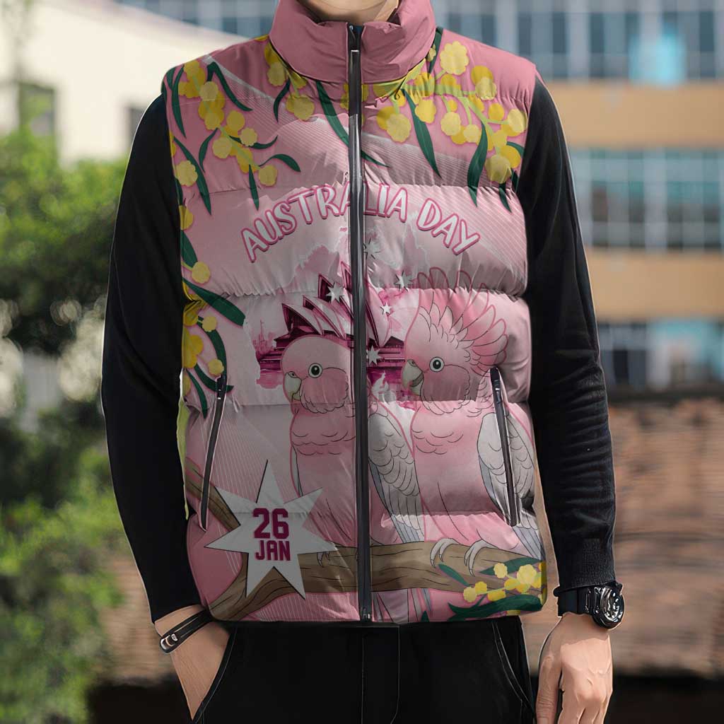 Personalised Galah Australia Day Sleeveless Puffer Jacket 26th January Golden Wattle Pink Color - Aussie Hoodie
