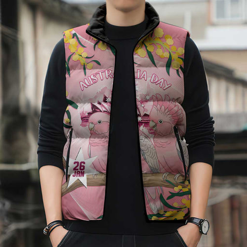 Personalised Galah Australia Day Sleeveless Puffer Jacket 26th January Golden Wattle Pink Color - Aussie Hoodie