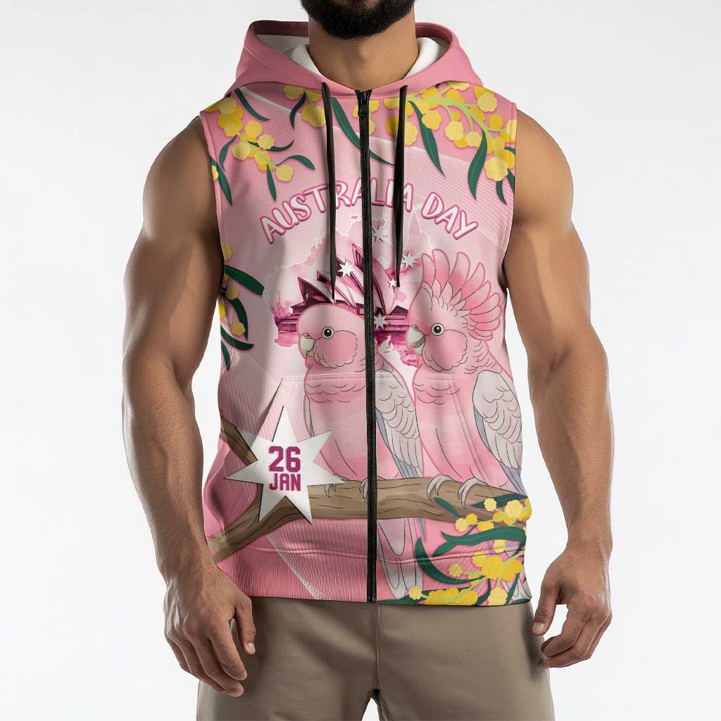Personalised Galah Australia Day Sleeveless Zip Hoodie 26th January Golden Wattle Pink Color LT14