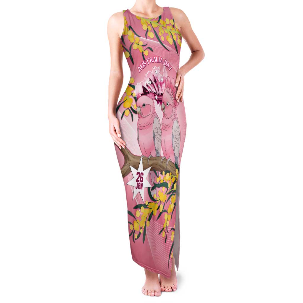 Personalised Galah Australia Day Tank Maxi Dress 26th January Golden Wattle Pink Color - Aussie Hoodie