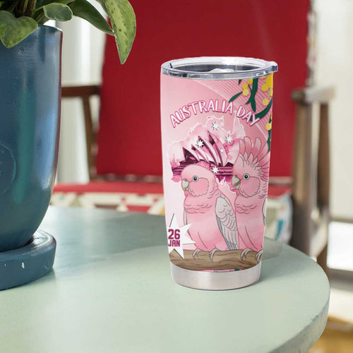Personalised Galah Australia Day Tumbler Cup 26th January Golden Wattle Pink Color - Aussie Hoodie