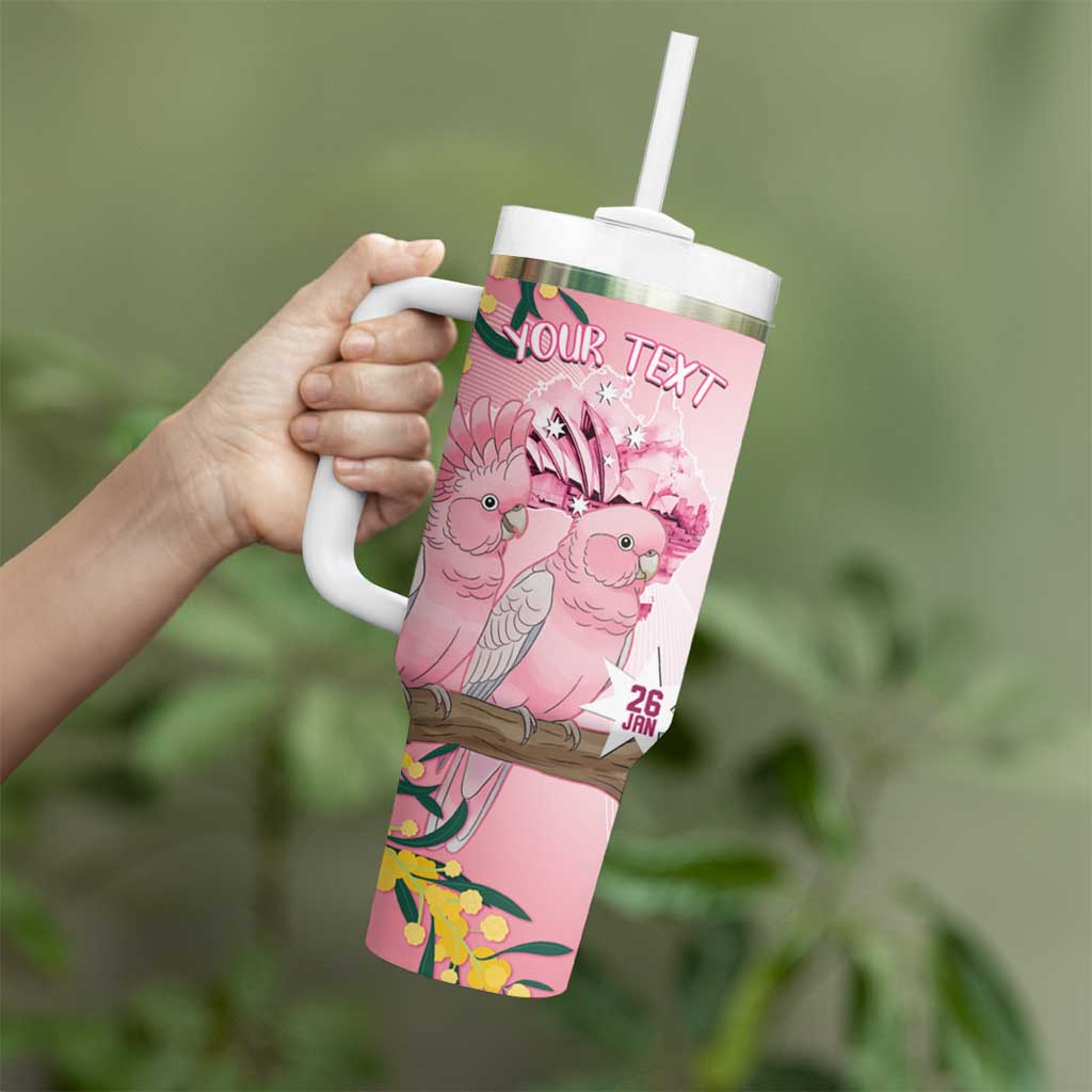 Personalised Galah Australia Day Tumbler With Handle 26th January Golden Wattle Pink Color - Aussie Hoodie