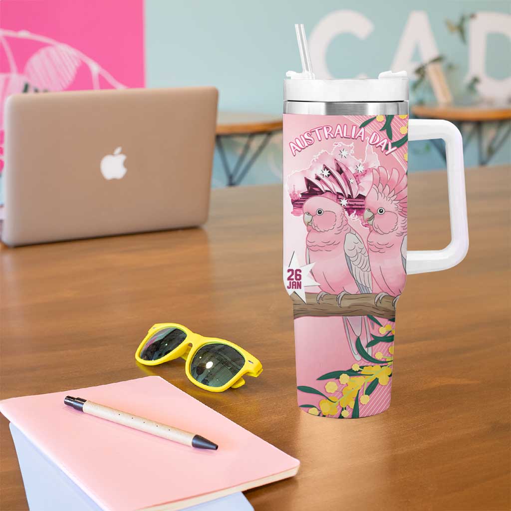 Personalised Galah Australia Day Tumbler With Handle 26th January Golden Wattle Pink Color - Aussie Hoodie