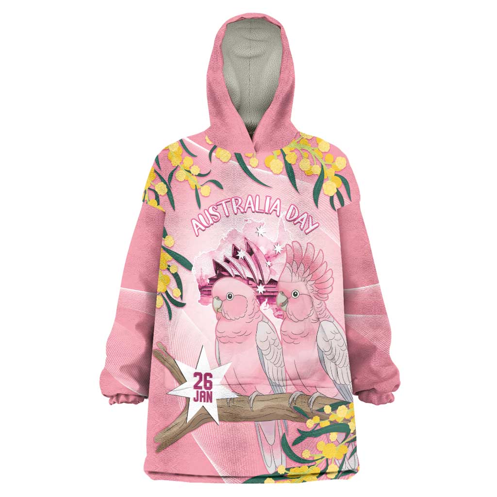 Personalised Galah Australia Day Wearable Blanket Hoodie 26th January Golden Wattle Pink Color - Aussie Hoodie