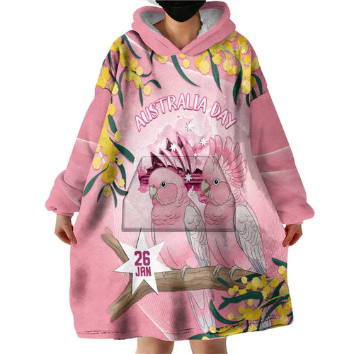 Personalised Galah Australia Day Wearable Blanket Hoodie 26th January Golden Wattle Pink Color - Aussie Hoodie