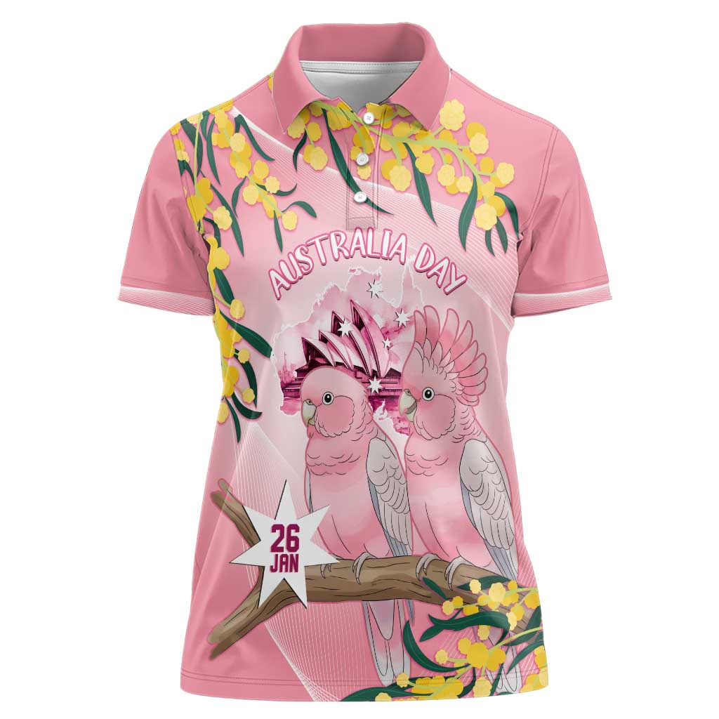 Personalised Galah Australia Day Women Polo Shirt 26th January Golden Wattle Pink Color - Aussie Hoodie