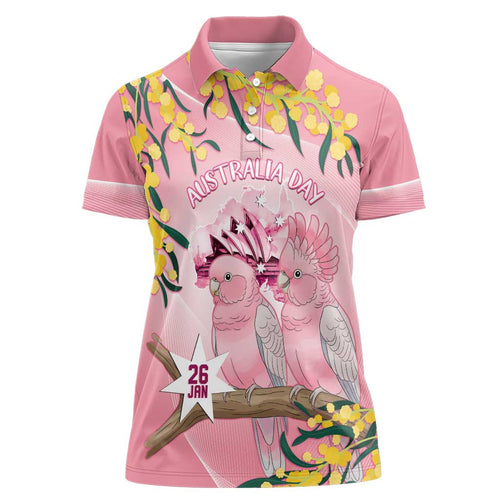 Personalised Galah Australia Day Women Polo Shirt 26th January Golden Wattle Pink Color - Aussie Hoodie
