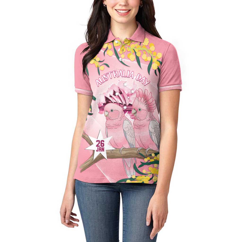 Personalised Galah Australia Day Women Polo Shirt 26th January Golden Wattle Pink Color - Aussie Hoodie