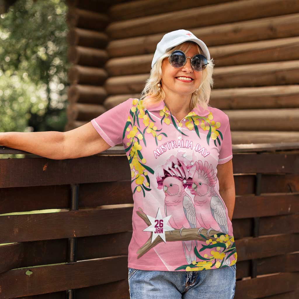 Personalised Galah Australia Day Women Polo Shirt 26th January Golden Wattle Pink Color - Aussie Hoodie