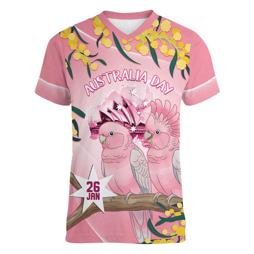 Personalised Galah Australia Day Women V-Neck T-Shirt 26th January Golden Wattle Pink Color - Aussie Hoodie