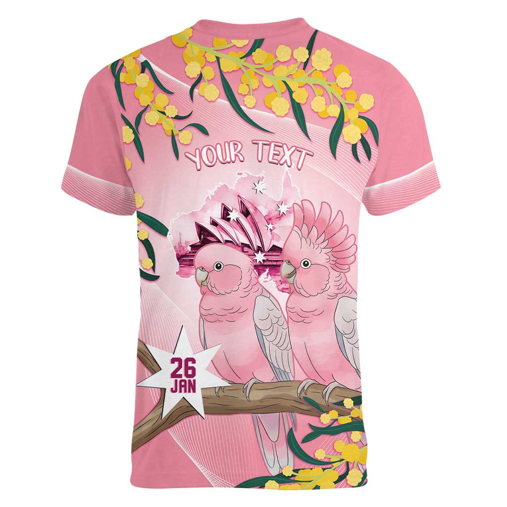 Personalised Galah Australia Day Women V-Neck T-Shirt 26th January Golden Wattle Pink Color - Aussie Hoodie