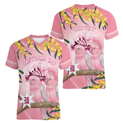 Personalised Galah Australia Day Women V-Neck T-Shirt 26th January Golden Wattle Pink Color - Aussie Hoodie