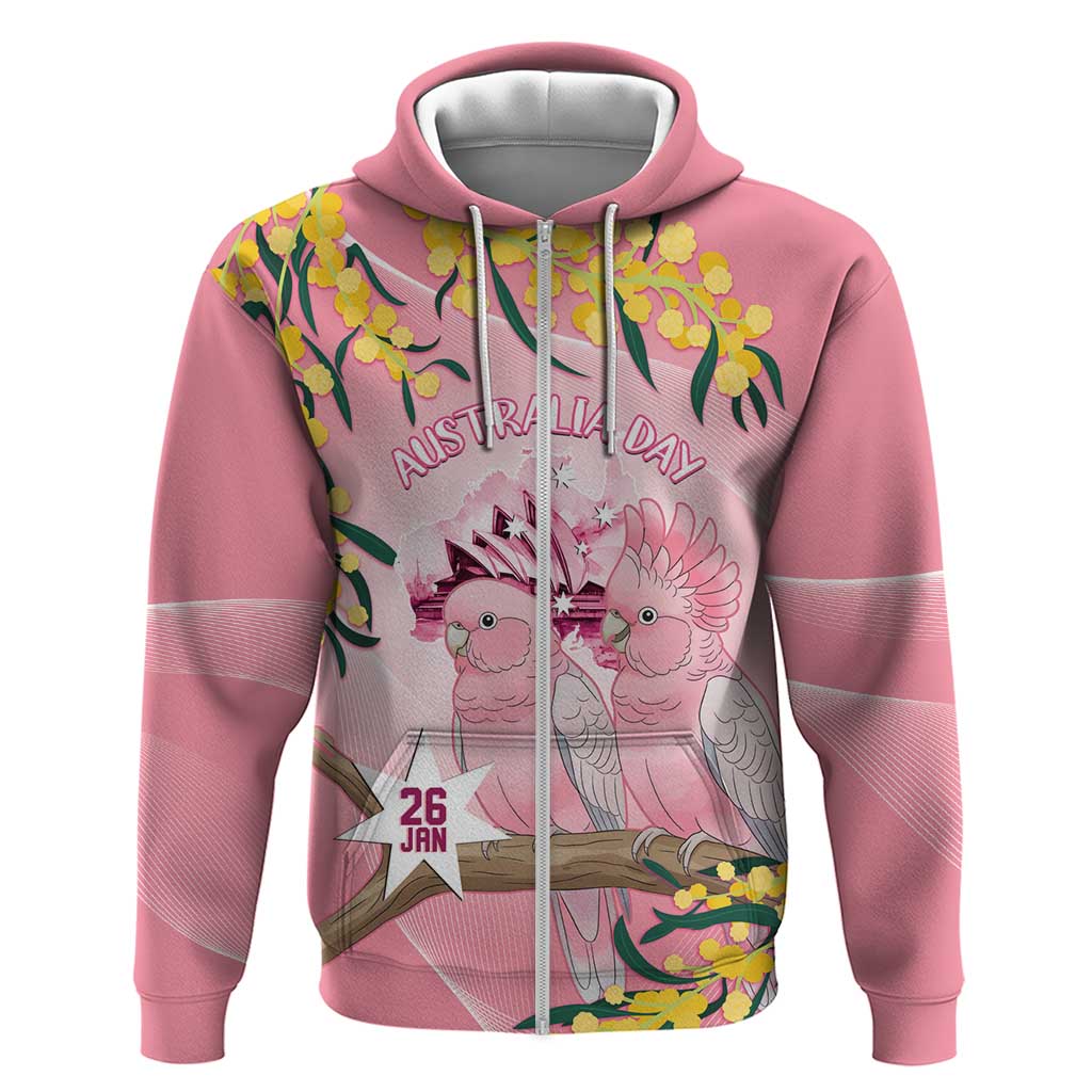 Personalised Galah Australia Day Zip Hoodie 26th January Golden Wattle Pink Color - Aussie Hoodie