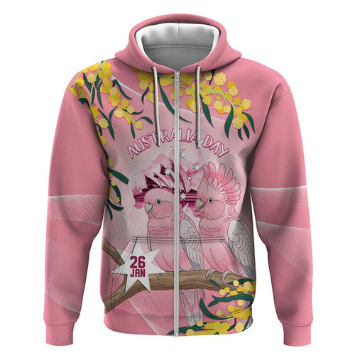 Personalised Galah Australia Day Zip Hoodie 26th January Golden Wattle Pink Color - Aussie Hoodie
