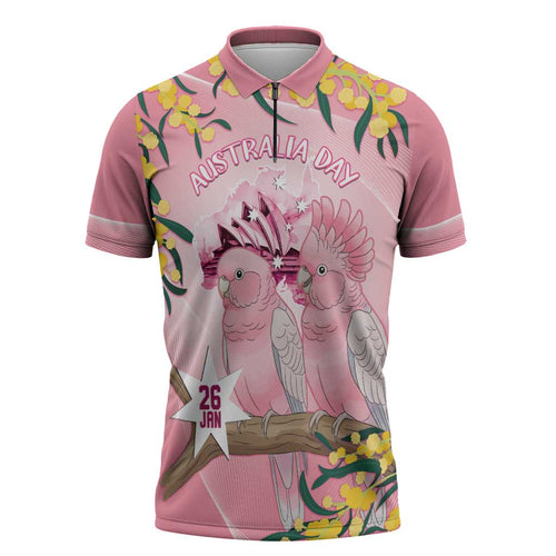 Personalised Galah Australia Day Zipper Polo Shirt 26th January Golden Wattle Pink Color - Aussie Hoodie