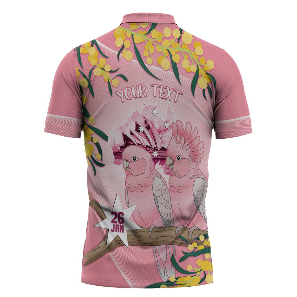 Personalised Galah Australia Day Zipper Polo Shirt 26th January Golden Wattle Pink Color - Aussie Hoodie