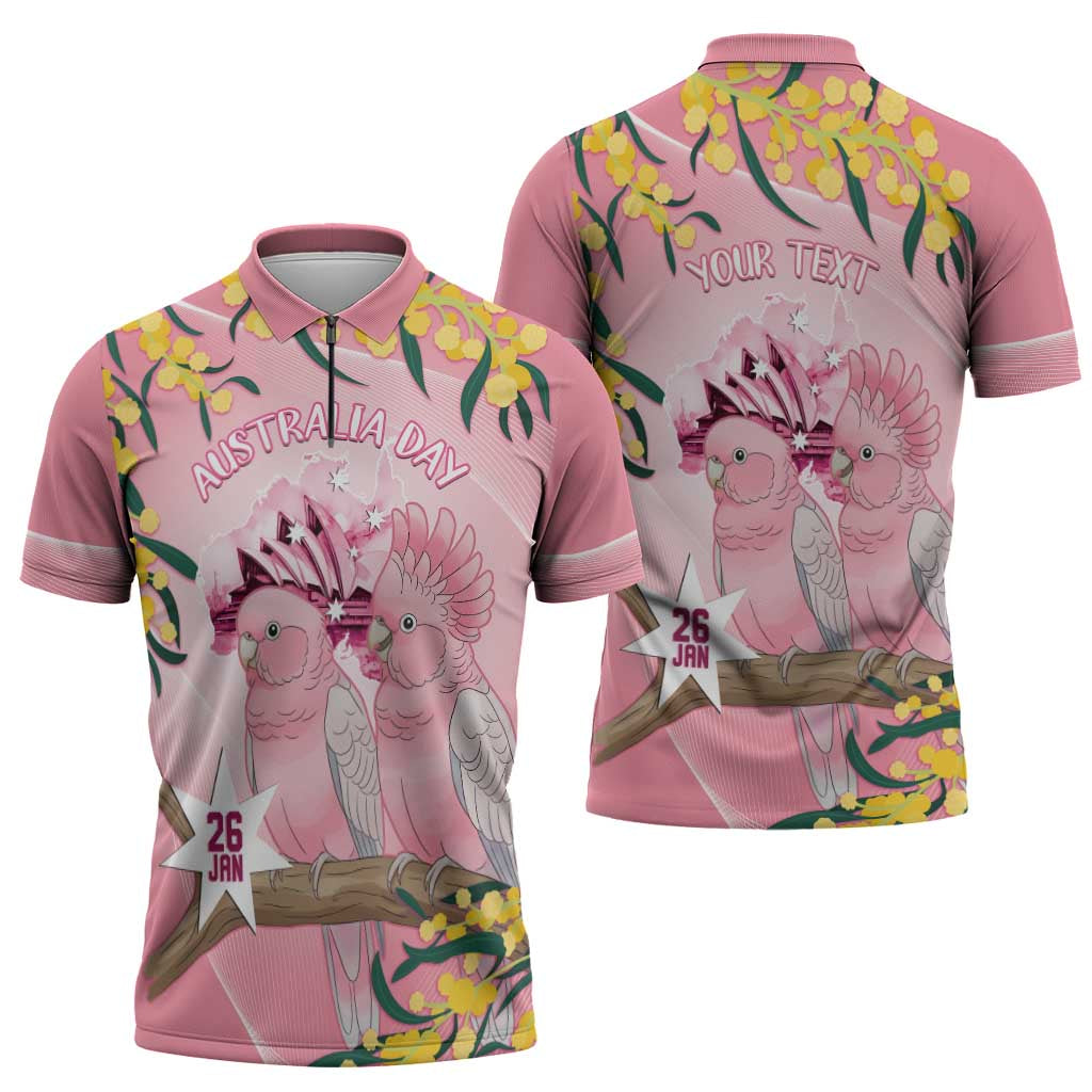 Personalised Galah Australia Day Zipper Polo Shirt 26th January Golden Wattle Pink Color - Aussie Hoodie