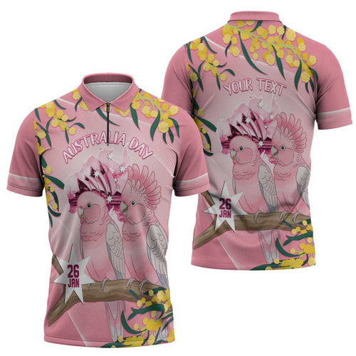 Personalised Galah Australia Day Zipper Polo Shirt 26th January Golden Wattle Pink Color - Aussie Hoodie