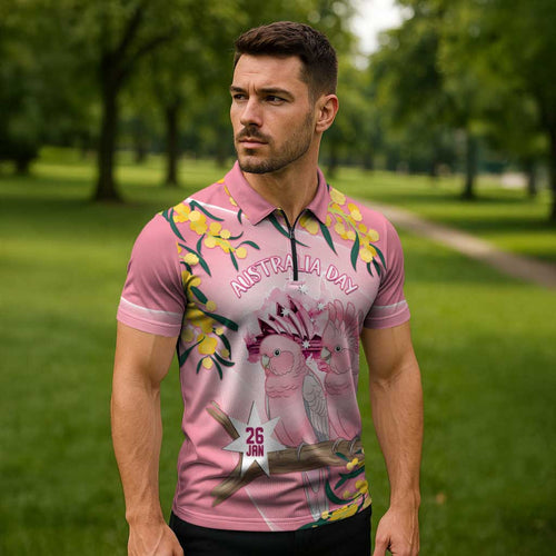 Personalised Galah Australia Day Zipper Polo Shirt 26th January Golden Wattle Pink Color - Aussie Hoodie