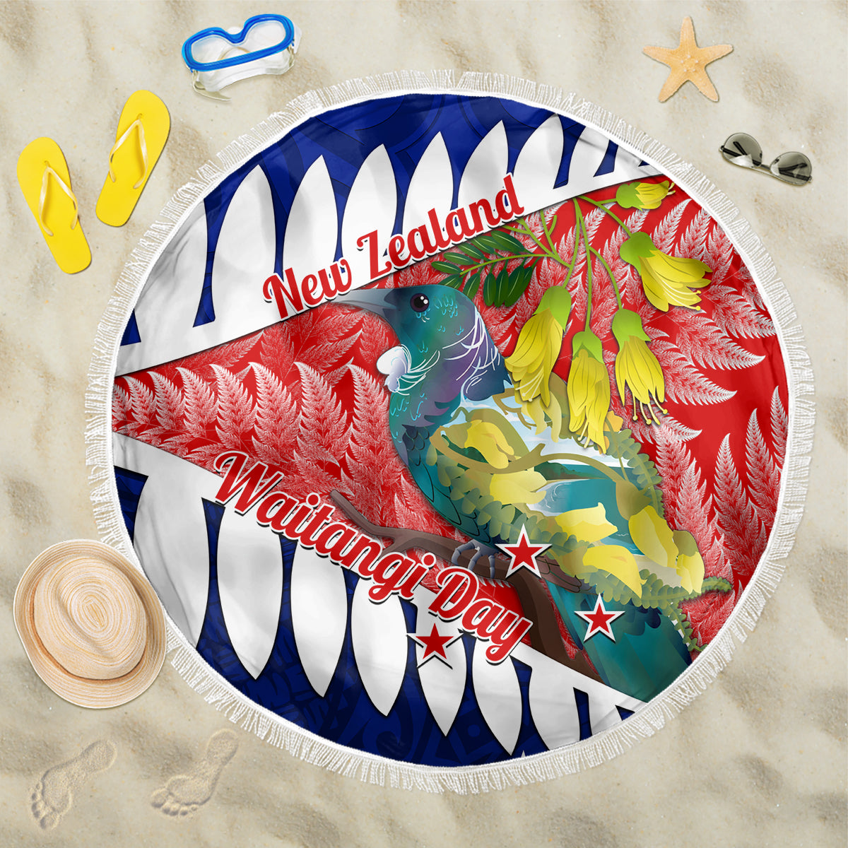 new-zealand-waitangi-day-beach-blanket-nz-maori-tui-bird-with-kowhai-flowers