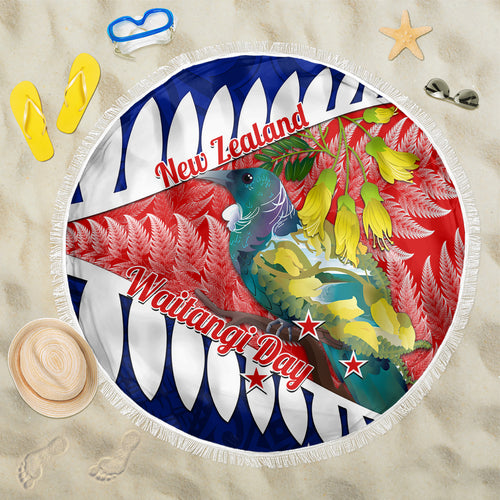 new-zealand-waitangi-day-beach-blanket-nz-maori-tui-bird-with-kowhai-flowers