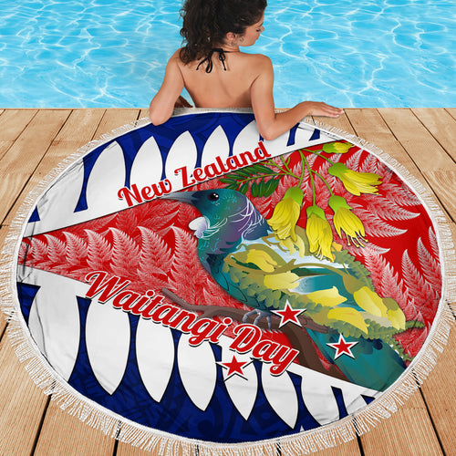 new-zealand-waitangi-day-beach-blanket-nz-maori-tui-bird-with-kowhai-flowers