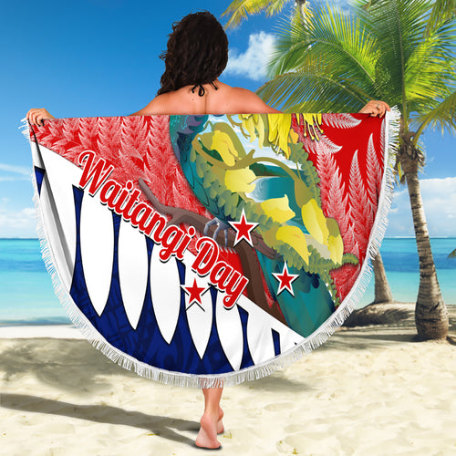 new-zealand-waitangi-day-beach-blanket-nz-maori-tui-bird-with-kowhai-flowers