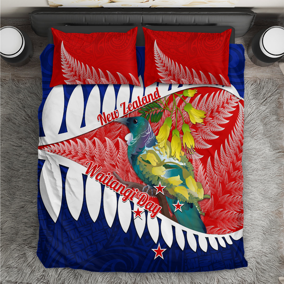 new-zealand-waitangi-day-bedding-set-nz-maori-tui-bird-with-kowhai-flowers
