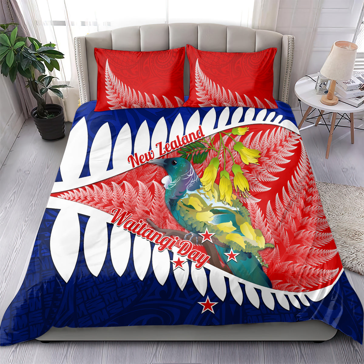 new-zealand-waitangi-day-bedding-set-nz-maori-tui-bird-with-kowhai-flowers