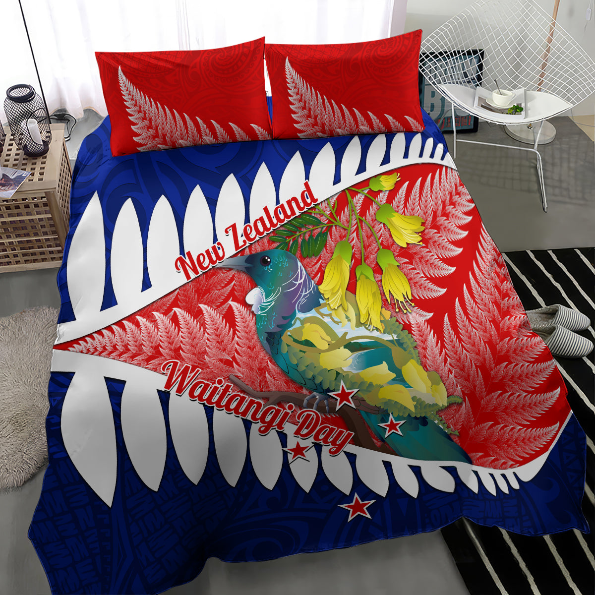 new-zealand-waitangi-day-bedding-set-nz-maori-tui-bird-with-kowhai-flowers