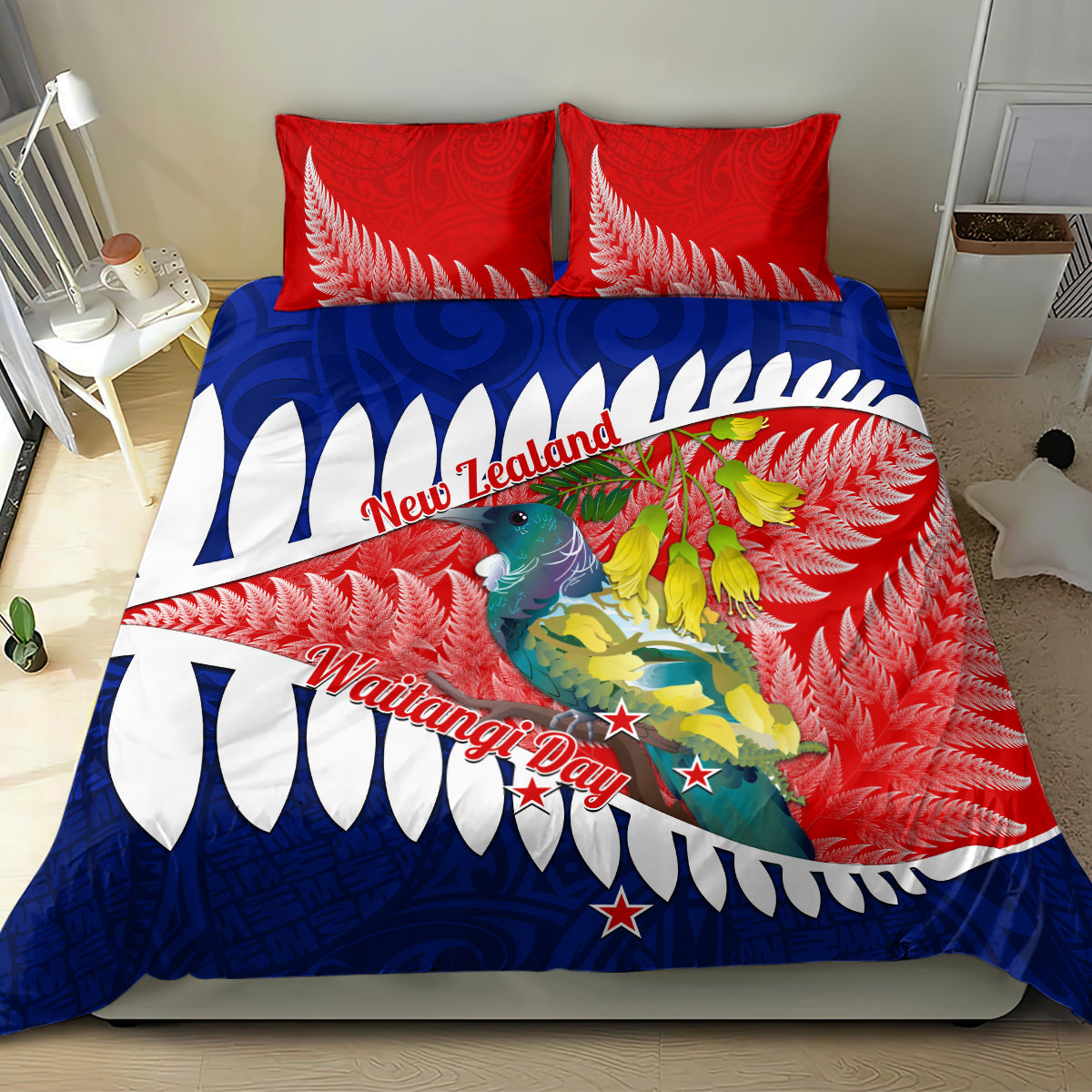 new-zealand-waitangi-day-bedding-set-nz-maori-tui-bird-with-kowhai-flowers