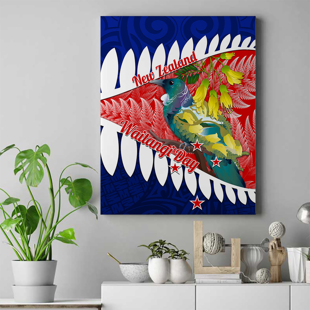 new-zealand-waitangi-day-canvas-wall-art-nz-maori-tui-bird-with-kowhai-flowers