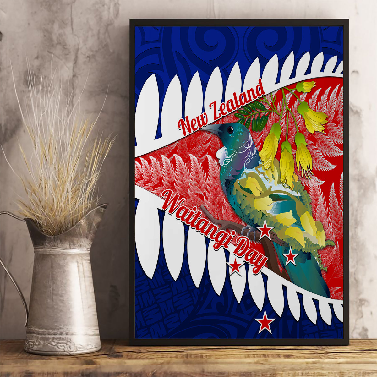 new-zealand-waitangi-day-canvas-wall-art-nz-maori-tui-bird-with-kowhai-flowers