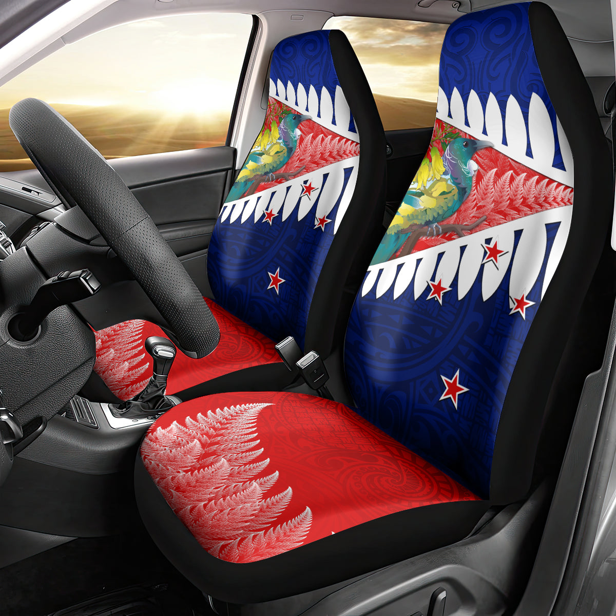 new-zealand-waitangi-day-car-seat-cover-nz-maori-tui-bird-with-kowhai-flowers