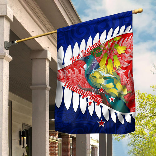 new-zealand-waitangi-day-garden-flag-nz-maori-tui-bird-with-kowhai-flowers